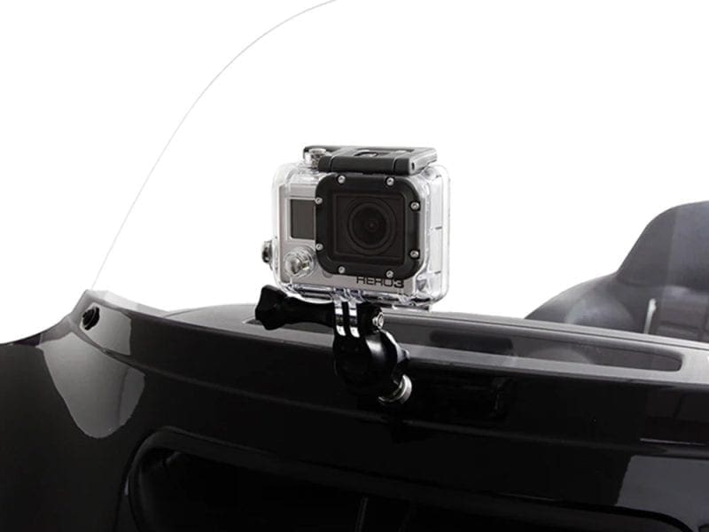 Action Camera Adapter Mount. Fits Touring 1996up HD action camera mounted on motorcycle, perfect for capturing riding adventures and motorcycle riding videos.