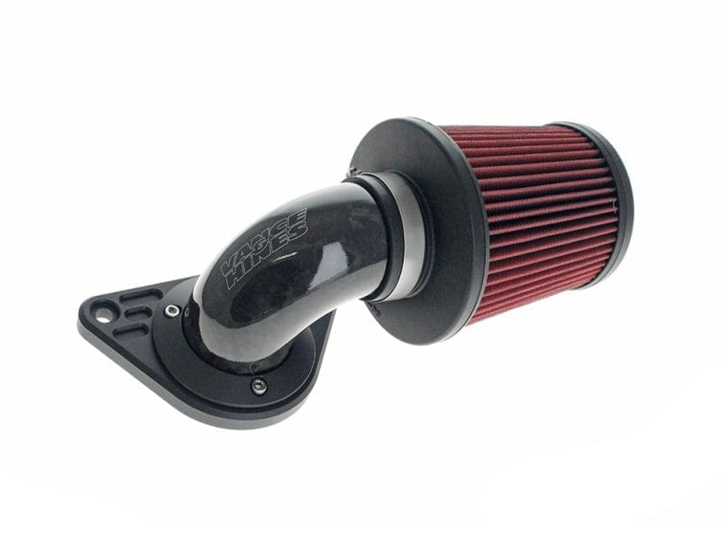 90deg VO2 Falcon XL Air Cleaner Kit - Gloss Forged Carbon Fiber. Fits Softail 2000-2015 High-performance motorcycle air filter with branded intake pipe for Revelry Motorcycles.