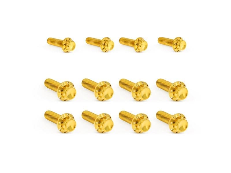 Titanium 12-Point Transmission Side Cover Bolt Kit - Gold. Fits Touring 2017up with Cable Clutch & Softail 2018up Golden motorcycle screws for custom bike builds and repairs. High-quality, durable fasteners for motorcycles and scooters. Ideal for motorcycle enthusiasts.