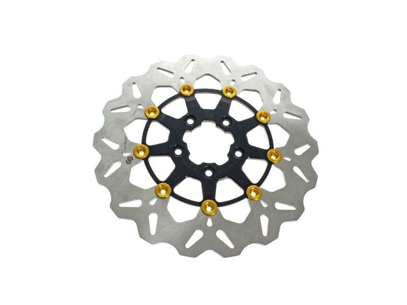 11.8in. Front Wave Floating Disc Rotor - Black with Gold Buttons. Fits Dyna 2006-2017 High-performance motorcycle brake disc with gold hardware for Revelry Motorcycles.