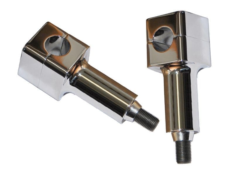 Shiny motorcycle foot pegs with adjustable mounting brackets for Revelry Motorcycles.