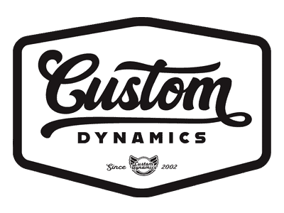 Custom Dynamics motorcycle logo, vintage style, black and white, Australian motorcycle accessories, Revelry Cycles.